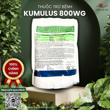 Mặt sau gói Kumulus 80WG với thông tin thành phần Lưu huỳnh và hướng dẫn sử dụng cho cam, xoài, lúa.