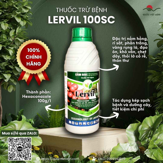 Mặt trước chai thuốc trừ bệnh Lervil 100SC 1 Lít, chuyên dùng để đặc trị rỉ sắt cà phê, đạo ôn lúa, công nghệ Nhật Bản.

