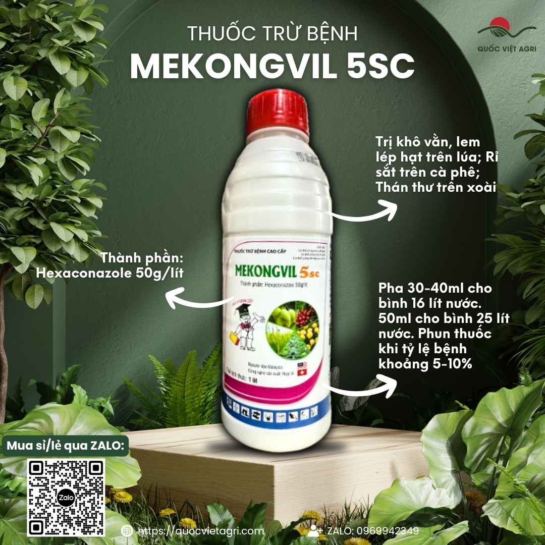 Mặt trước chai thuốc trừ bệnh Mekongvil 5SC 1 Lít, chuyên dùng để đặc trị rỉ sắt cà phê, thán thư xoài, hoạt chất Hexaconazole.