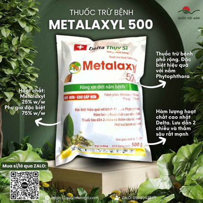 Mặt trước gói thuốc trừ nấm TATSU 25WP (METALAXYL 500) 500g, chứa Metalaxyl 25%, đặc trị Phytophthora, thối thân, xì mủ.

