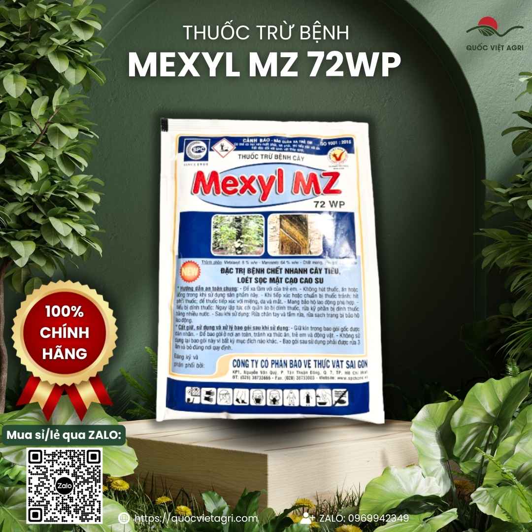 Ảnh sản phẩm thuốc trừ bệnh Mexyl MZ 72WP, gói thuốc trên bục gỗ, cam kết 100% chính hãng.