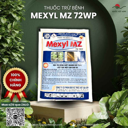 Ảnh sản phẩm thuốc trừ bệnh Mexyl MZ 72WP, gói thuốc trên bục gỗ, cam kết 100% chính hãng.