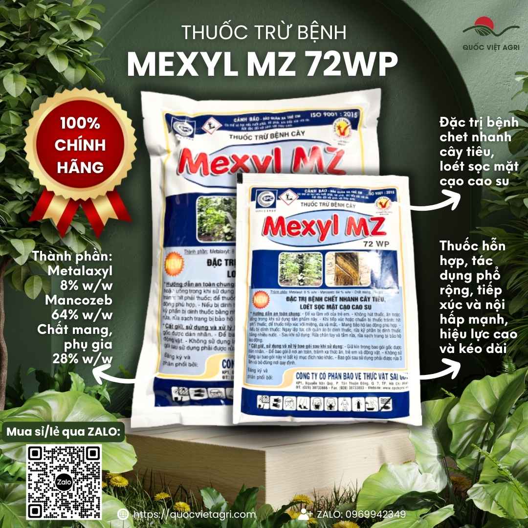 Mặt trước gói thuốc trừ bệnh Mexyl MZ 72WP 500g, chuyên dùng để đặc trị chết nhanh tiêu, xì mủ, sản phẩm nhập khẩu Ấn Độ.

