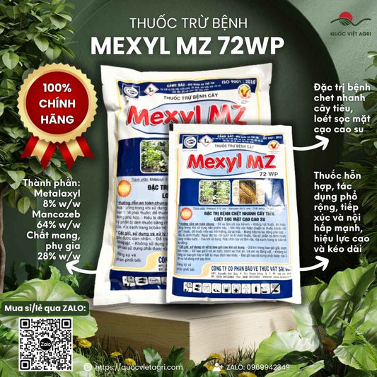 Mặt trước gói thuốc trừ bệnh Mexyl MZ 72WP 500g, chuyên dùng để đặc trị chết nhanh tiêu, xì mủ, sản phẩm nhập khẩu Ấn Độ.

