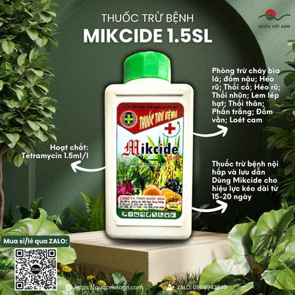 Mặt trước chai thuốc trừ bệnh sinh học Mikcide 1.5SL 240ml, chuyên dùng để đặc trị thối nhũn, bạc lá, sản phẩm chính hãng của Quốc Việt Agri.

