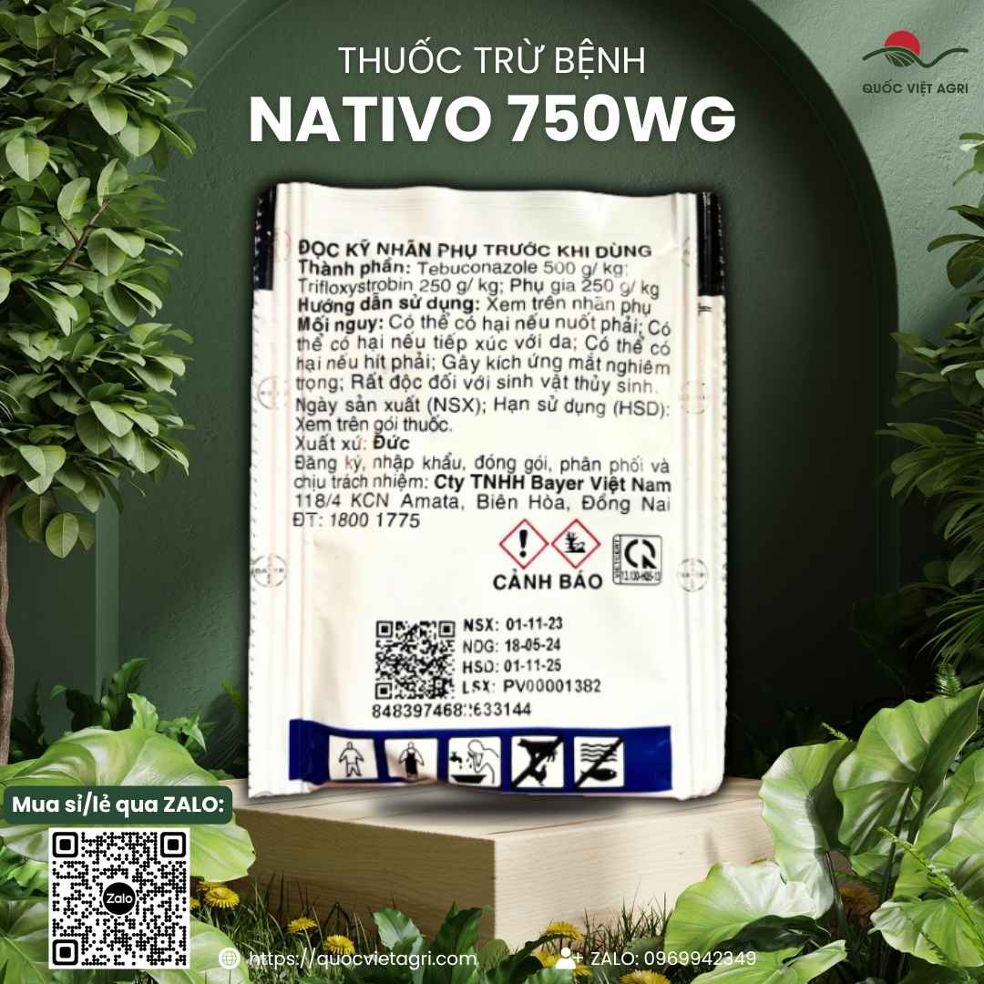 Mặt sau gói Nativo 750WG với thành phần Trifloxystrobin và Tebuconazole.