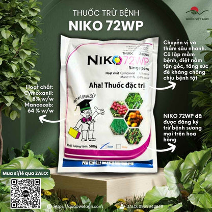 Mặt trước gói thuốc trừ bệnh Niko 72WP 500g, chuyên dùng để trị sương mai, vàng lá, sản phẩm nhập khẩu Singapore.

