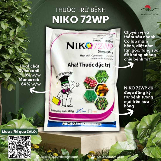 Mặt trước gói thuốc trừ bệnh Niko 72WP 500g, chuyên dùng để trị sương mai, vàng lá, sản phẩm nhập khẩu Singapore.

