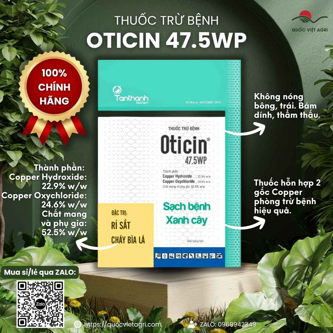 Mặt trước gói Thuốc trừ bệnh OTICIN 47.5WP 500g Đồng Kép rửa vườn.