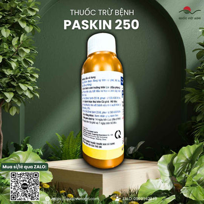 Mặt sau chai thuốc trừ bệnh Paskin 250 (Pyrolax 250EC) 240ml, chuyên dùng để trị thán thư, sương mai, sản phẩm chính hãng.
