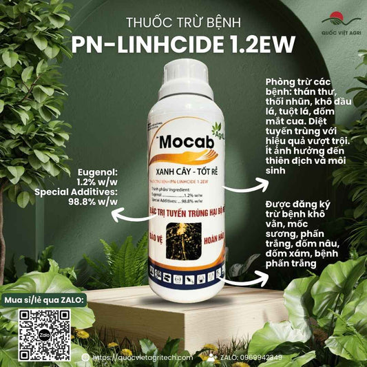 Mặt trước chai thuốc trừ bệnh sinh học PN-Linhcide 1.2EW Mocab 500ml, chuyên dùng để đặc trị tuyến trùng, thối rễ, sản phẩm chính hãng.

