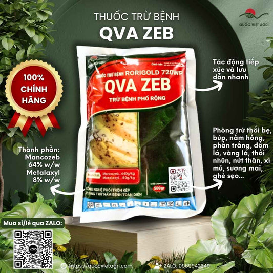 Hình ảnh gói thuốc trừ bệnh QVAZEB XANH (500g), giải pháp đặc trị xì mủ, thối rễ, sương mai và thán thư hiệu quả cao.