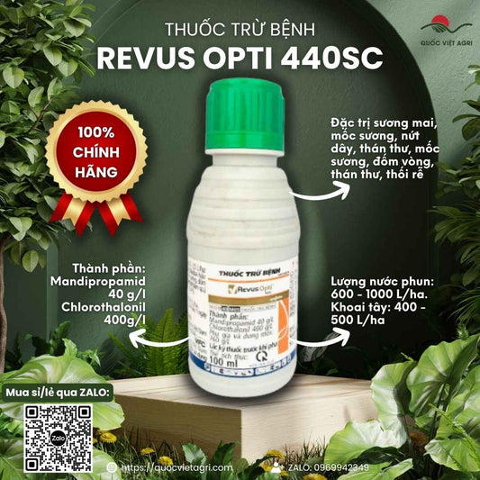Mặt trước chai thuốc trừ bệnh Revus Opti 440SC 100ml, chuyên trị sương mai, thán thư, sản phẩm chính hãng Syngenta.

