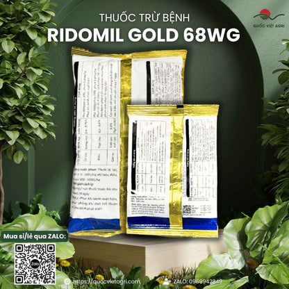 Mặt sau gói thuốc trừ bệnh Ridomil Gold 68WG 100g 1kg với thông tin thành phần và hướng dẫn trị sương mai, thối rễ, thán thư.