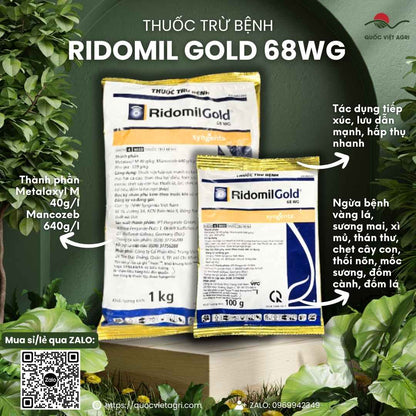 Mặt trước gói thuốc trừ bệnh Ridomil Gold 68WG 100g 1kg, chính hãng Syngenta, hoạt chất Metalaxyl M và Mancozeb.