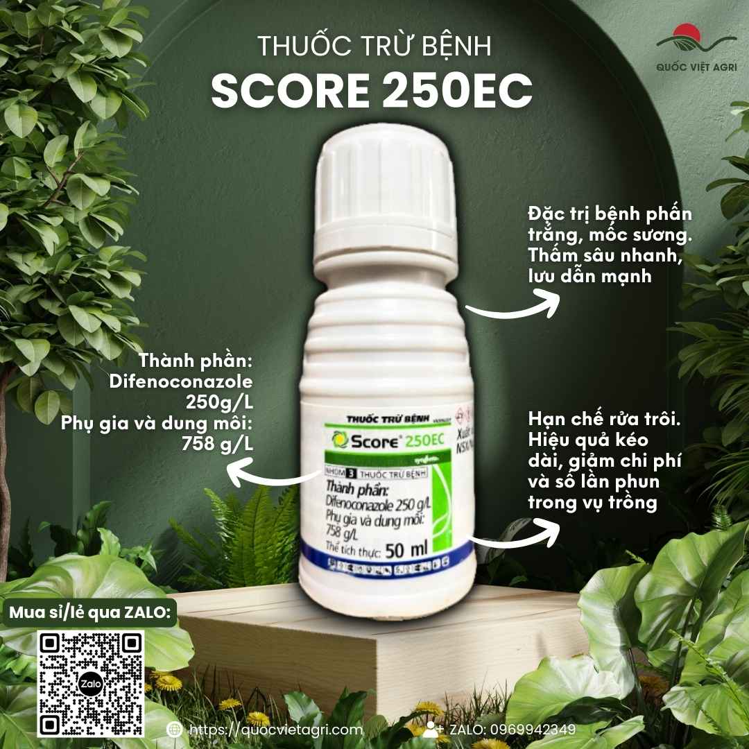 Mặt trước chai thuốc trừ bệnh Score 250EC 50ml, chuyên dùng để đặc trị phấn trắng, sương mai, sản phẩm chính hãng Syngenta.