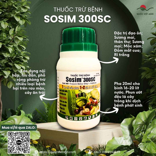 Mặt trước chai thuốc trừ bệnh Sosim 300SC 240ml, chuyên dùng để trị sương mai, thán thư trên rau màu, sản phẩm chính hãng VITHACO.


