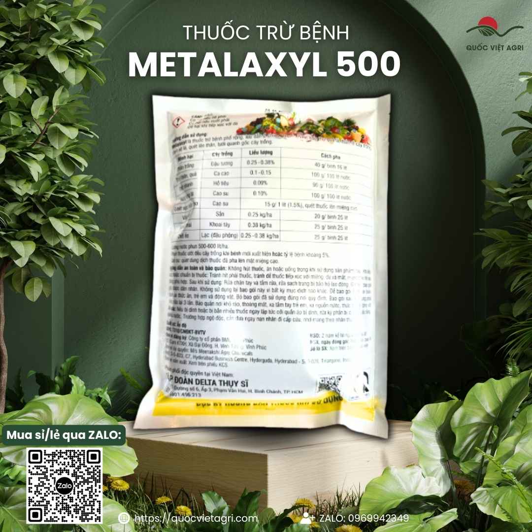 Mặt sau gói thuốc trừ nấm TATSU 25WP (METALAXYL 500) 500g, chứa Metalaxyl 25%, đặc trị Phytophthora, thối thân, xì mủ.
