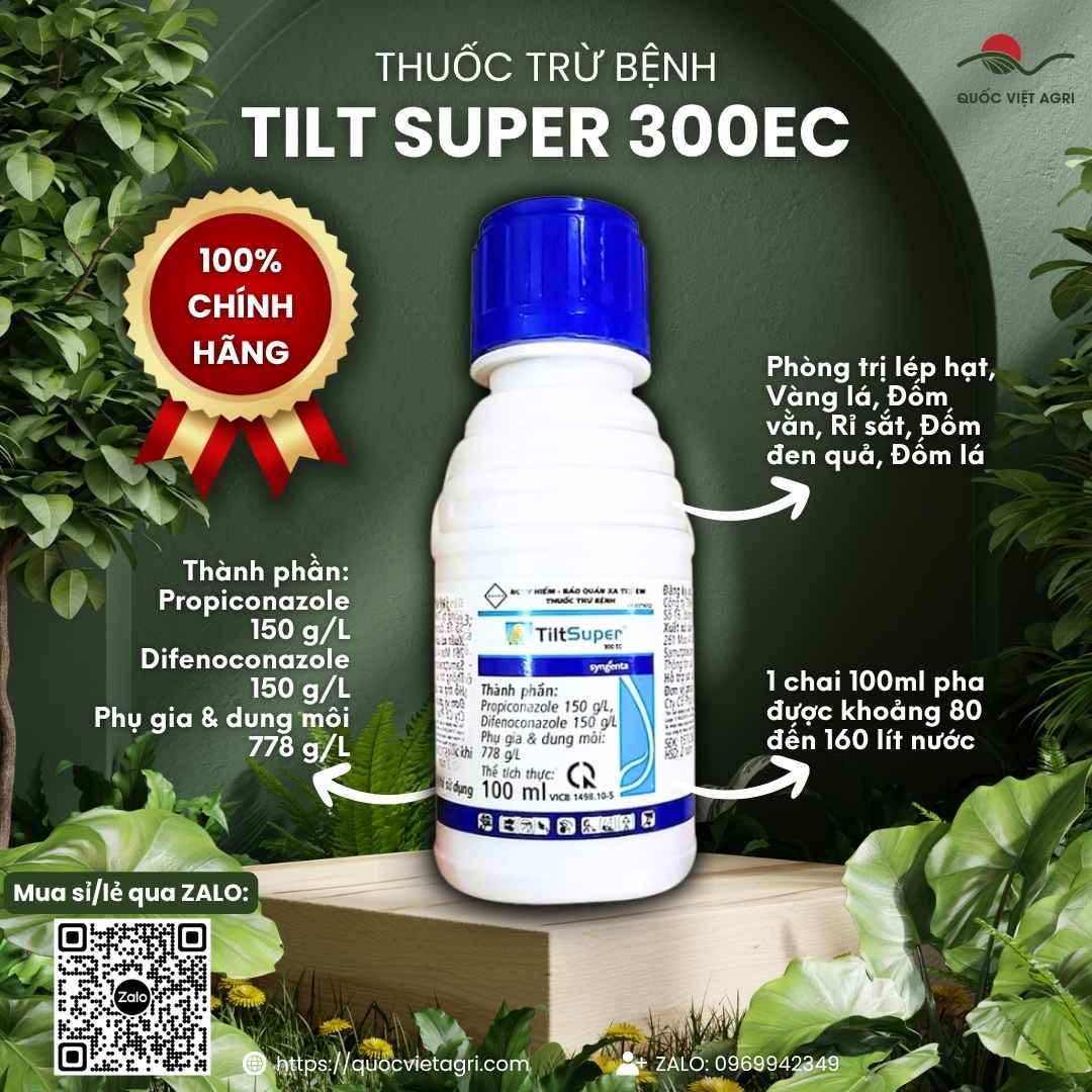 Mặt trước chai thuốc trừ bệnh Tilt Super 300EC 100ml, chuyên dùng để trị phấn trắng hoa hồng, rỉ sắt cà phê, sản phẩm chính hãng Syngenta.
