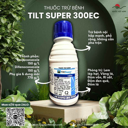 Mặt trước chai thuốc trừ bệnh Tilt Super 300EC 100ml, chuyên dùng để trị phấn trắng hoa hồng, rỉ sắt cà phê, sản phẩm chính hãng Syngenta.

