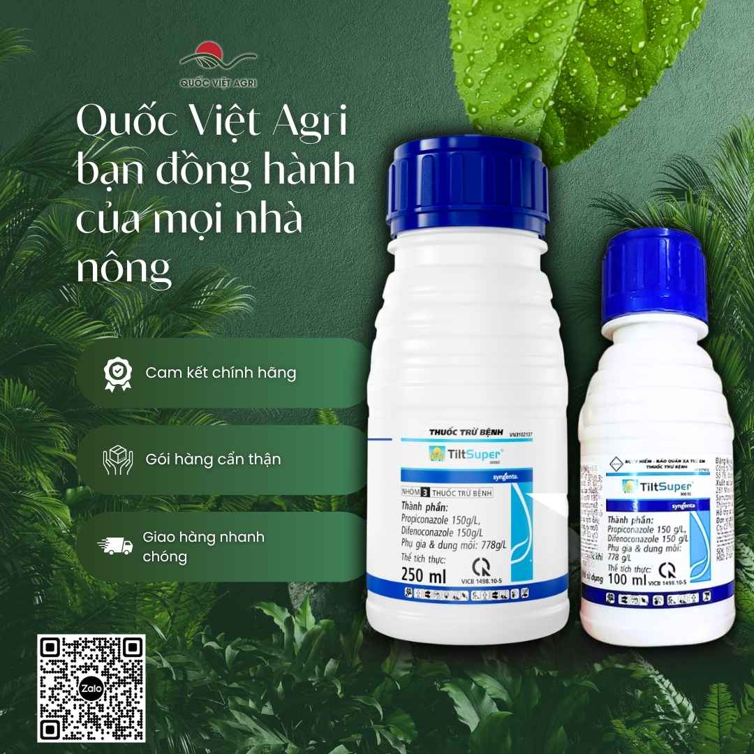 Mặt sau chai thuốc trừ bệnh Tilt Super 300EC 100ml với thông tin thành phần hoạt chất Propiconazole và Difenoconazole, cùng hướng dẫn sử dụng chi tiết.