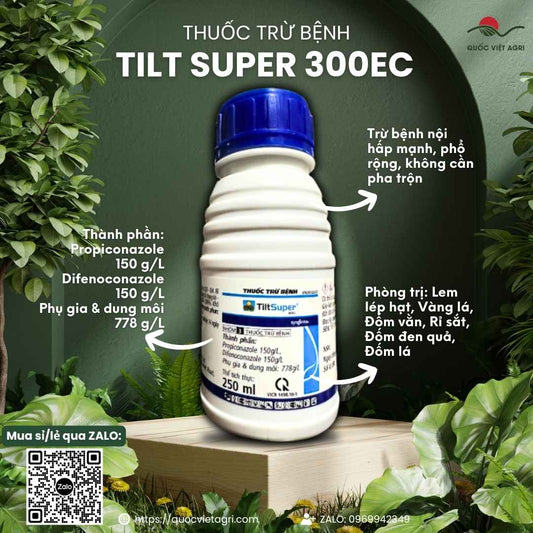 Mặt trước chai thuốc trừ bệnh Tilt Super 300EC 250ml, chuyên dùng để trị lem lép hạt lúa, rỉ sắt cà phê, sản phẩm chính hãng Syngenta.

