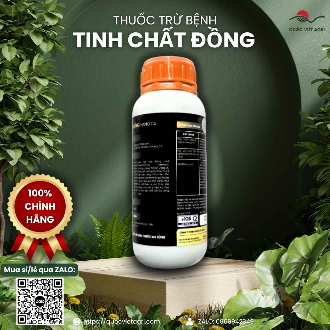 Mặt sau chai Tinh Chất Đồng Nano Cu 500ml dùng rửa vườn trị nấm.