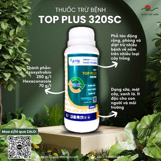 Mặt trước chai thuốc trừ bệnh Top Plus Acatop 320SC 400ml, chuyên dùng để trị lem lép hạt, nấm hồng, sản phẩm chính hãng An Phát Nông.
