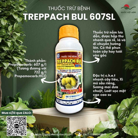 Mặt trước chai thuốc trừ bệnh Treppach Bul 607SL 480ml, chuyên dùng để đặc trị xì mủ sầu riêng, chết nhanh tiêu, sản phẩm từ Bulgaria.

