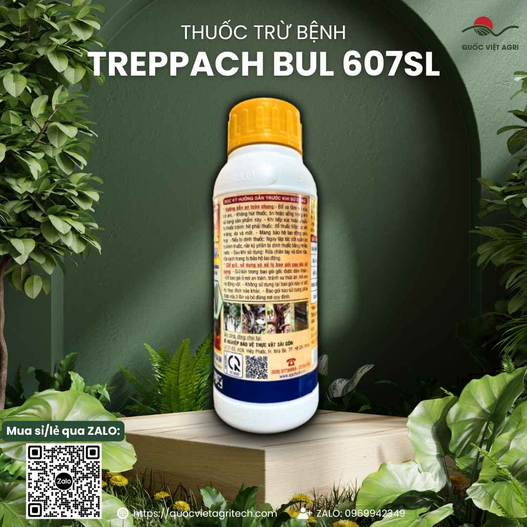 Mặt sau chai thuốc trừ bệnh Treppach Bul 607SL 480ml, chuyên dùng để đặc trị xì mủ sầu riêng, chết nhanh tiêu, sản phẩm từ Bulgaria.
