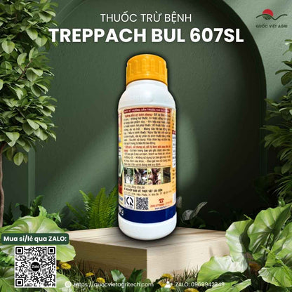 Mặt sau chai thuốc trừ bệnh Treppach Bul 607SL 480ml, chuyên dùng để đặc trị xì mủ sầu riêng, chết nhanh tiêu, sản phẩm từ Bulgaria.
