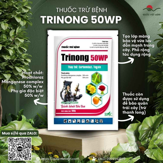 Mặt trước gói thuốc trừ bệnh Trinong 50WP 100g, chuyên dùng để đặc trị thán thư, đạo ôn, sản phẩm chính hãng Singapore.

