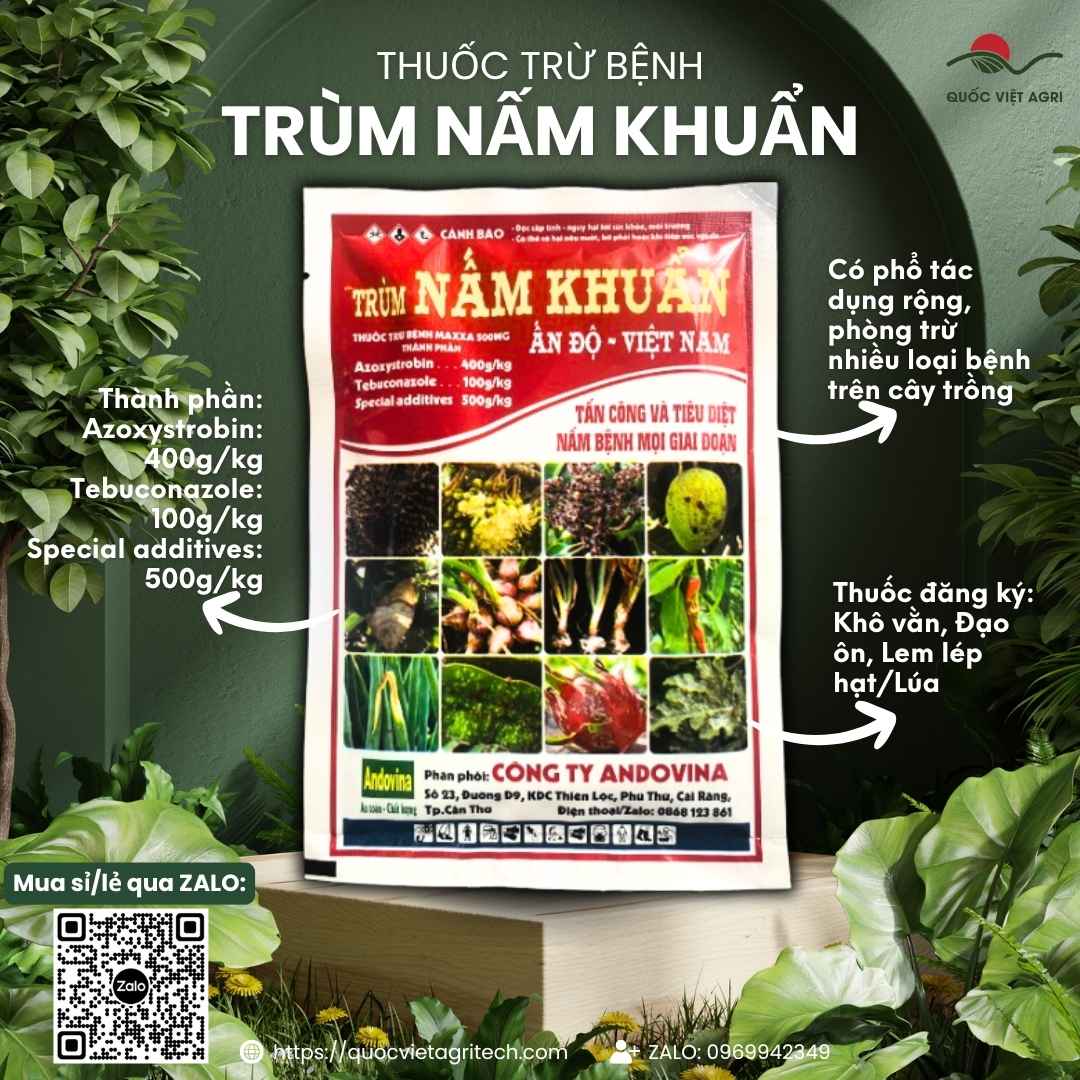 Mặt trước gói Thuốc Trừ Bệnh Trùm Nấm Khuẩn 30g, hoạt chất Azoxystrobin và Tebuconazole, đặc trị đạo ôn, lem lép hạt.