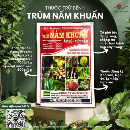 Mặt trước gói Thuốc Trừ Bệnh Trùm Nấm Khuẩn 30g, hoạt chất Azoxystrobin và Tebuconazole, đặc trị đạo ôn, lem lép hạt.