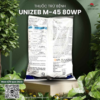 Mặt sau gói thuốc trừ bệnh Unizeb M-45 80WP 1kg với thông tin thành phần Mancozeb 80% và hướng dẫn sử dụng phổ rộng.