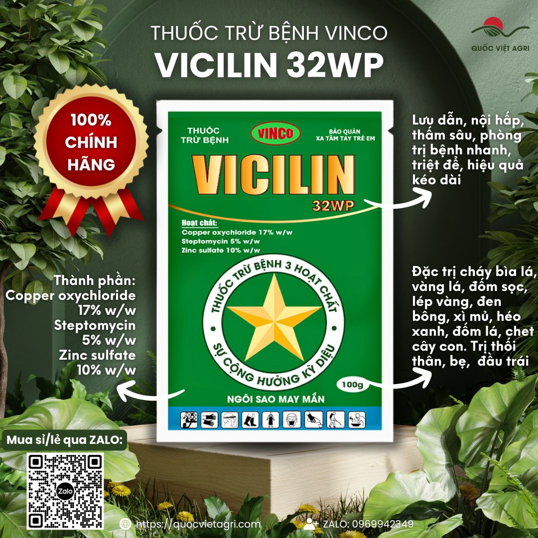 Mặt trước gói Thuốc trừ bệnh VICILIN 32WP 100g trị cháy bìa lá.
