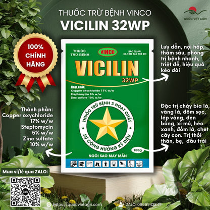 Mặt trước gói Thuốc trừ bệnh VICILIN 32WP 100g trị cháy bìa lá.
