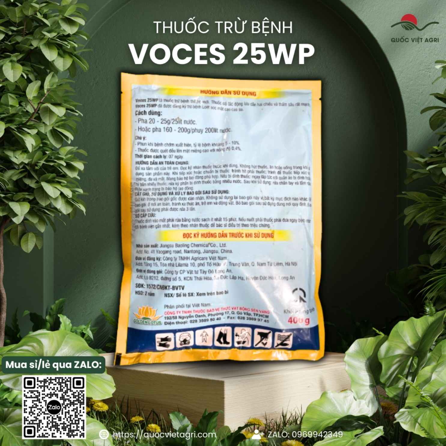 Mặt sau gói Voces 25WP với hướng dẫn sử dụng quét vết loét mặt cạo cao su và tưới gốc hồ tiêu.