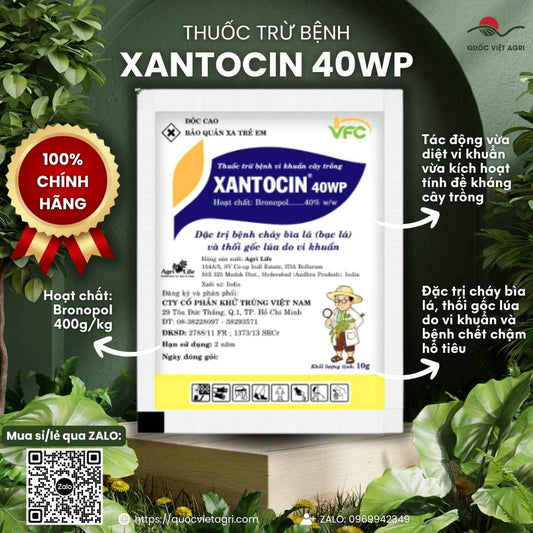 Mặt trước gói thuốc trừ bệnh Xantocin 40WP 10g, chuyên dùng để đặc trị bạc lá, héo xanh, sản phẩm chính hãng.

