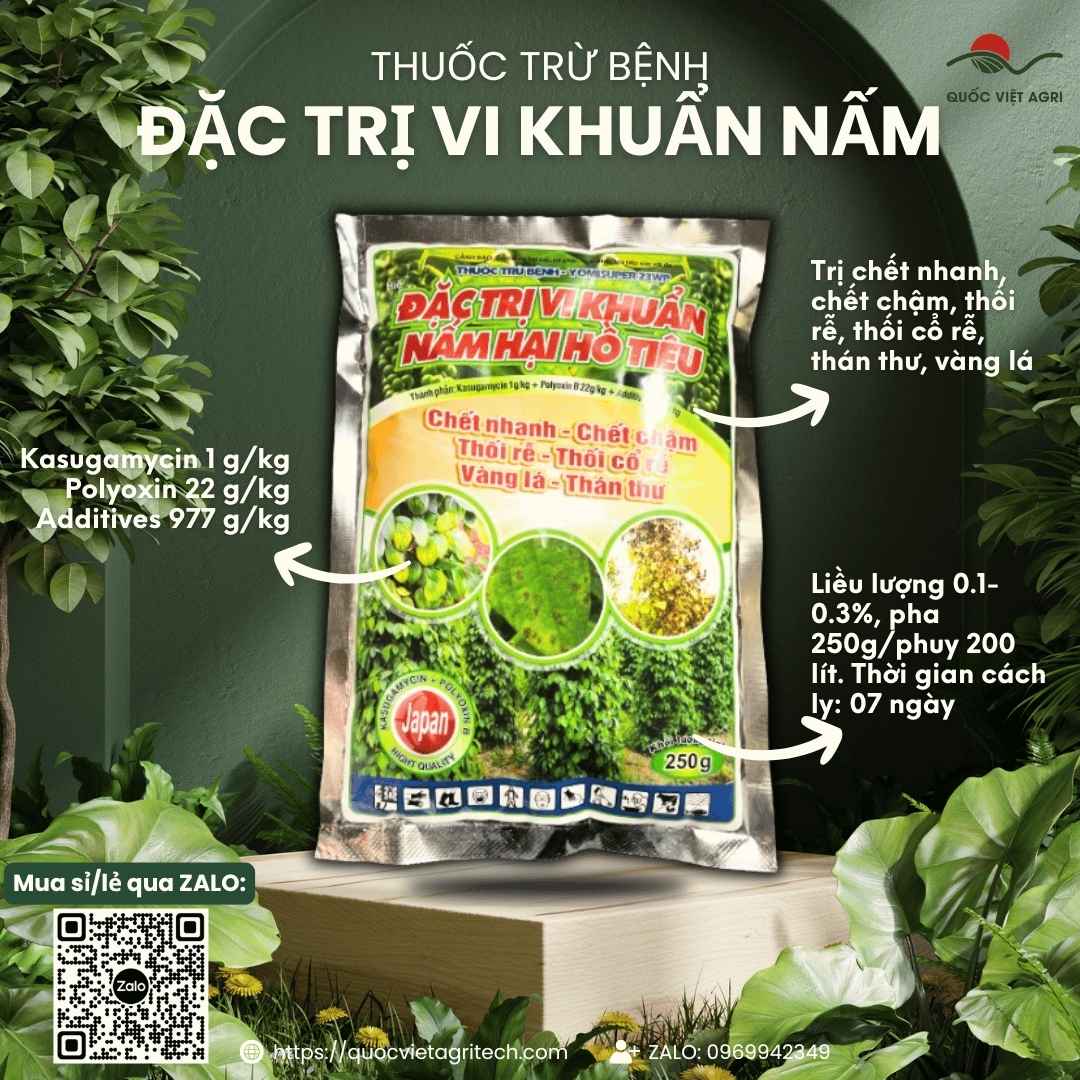 Mặt trước gói thuốc trừ bệnh Yomisuper 23WP 250g, chuyên dùng để trị vàng lá, thối rễ hồ tiêu, sản phẩm chính hãng.