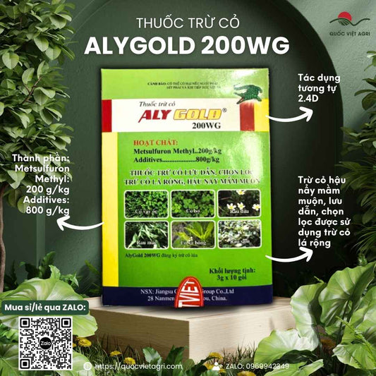Mặt trước hộp 10 gói thuốc trừ cỏ ALY GOLD 200WG (3g/gói), chuyên diệt cỏ lá rộng, cỏ vẩy ốc, rau bợ trên lúa.

