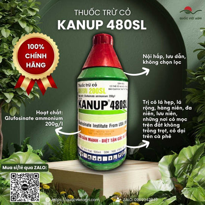 Mặt trước chai thuốc trừ cỏ Kanup 480SL (Sinasin 200SL) 900ml, chuyên dùng để khai hoang, diệt cỏ tranh, sản phẩm công nghệ Mỹ.

