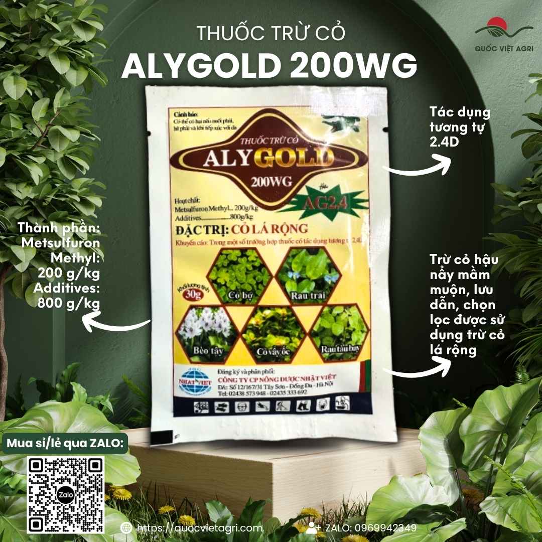Mặt trước gói Thuốc trừ cỏ ALY GOLD 200WG 30g đặc trị cỏ lá rộng.