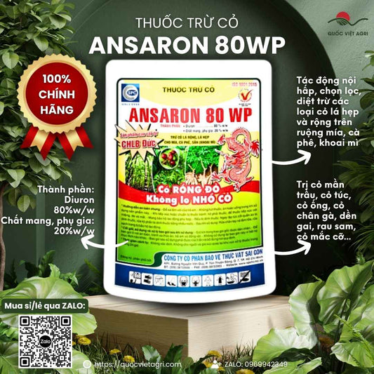 Mặt trước gói thuốc trừ cỏ Ansaron 80WP 750g, chuyên dùng để diệt cỏ mầm cho mía, cà phê, sản phẩm chính hãng.

