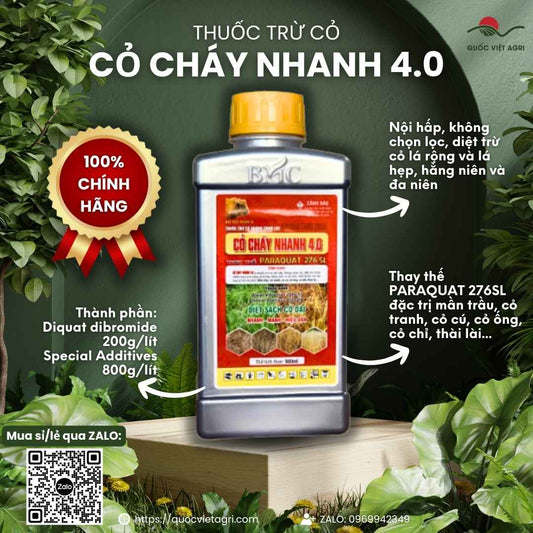 Mặt trước chai thuốc trừ cỏ Faquatrio 20SL 900ml, chuyên dùng để diệt cỏ cháy nhanh, thay thế Paraquat.

