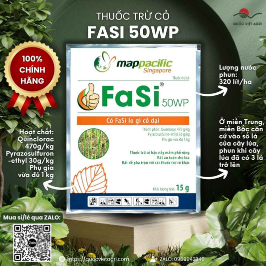 Mặt trước gói thuốc trừ cỏ Fasi 50WP 15g, chuyên dùng để diệt cỏ chác lác, lá rộng hại lúa, sản phẩm chính hãng MAP PACIFIC.

