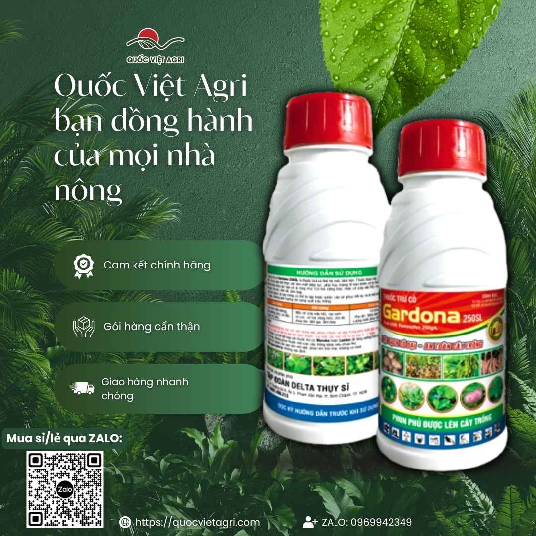 Hình ảnh tổng quan sản phẩm thuốc trừ cỏ Gardona 250SL, giải pháp diệt cỏ lá rộng, lá hẹp nhanh chóng từ Quốc Việt Agri.