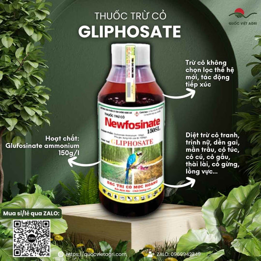 Mặt trước chai thuốc trừ cỏ Newfosinate 150SL 900ml, chuyên dùng để khai hoang, diệt cỏ tranh, sản phẩm chính hãng của BMC.

