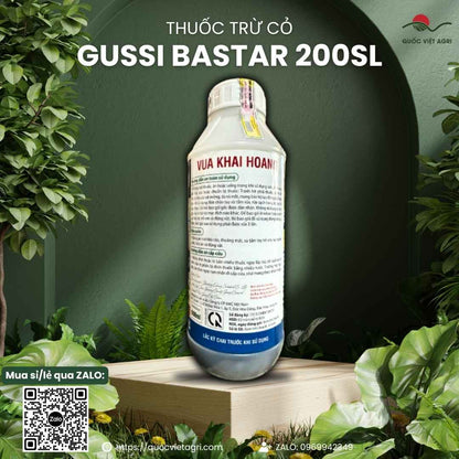 Mặt sau chai thuốc trừ cỏ Gussi Bastar 200SL 900ml với thông tin thành phần hoạt chất Glufosinate-Ammonium 200g/l và hướng dẫn sử dụng.