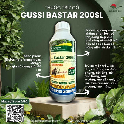 Mặt trước chai thuốc trừ cỏ GUSSI BASTAR 200SL 900ml, chứa Glufosinate ammonium 200g/l, công nghệ Delta Thụy Sĩ, diệt cỏ tận gốc.

